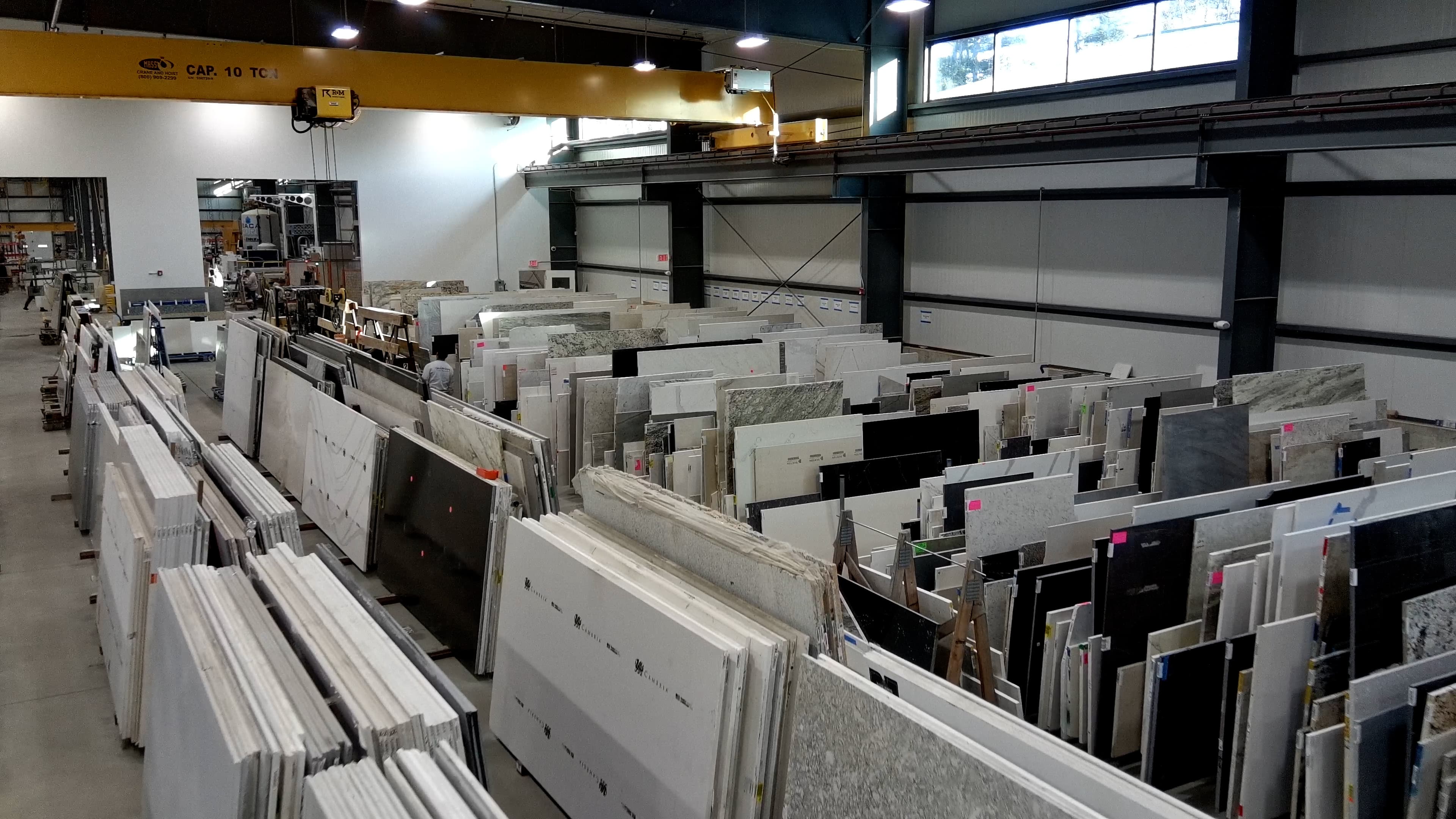 Stone fabrication production facility with overhead crane system in Wilmington, Massachusetts